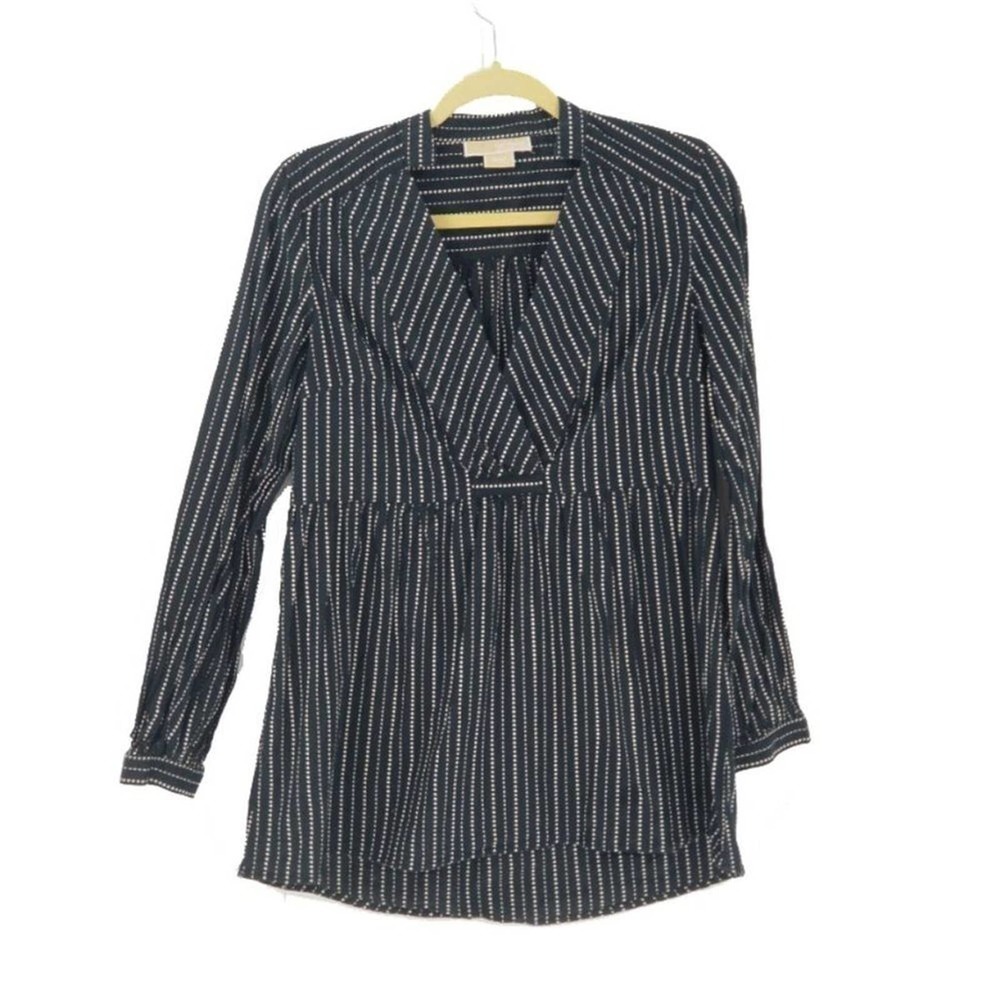 Michael Kors Women's Dot Stripe V-Neck Tunic Blouse Black White Size Medium